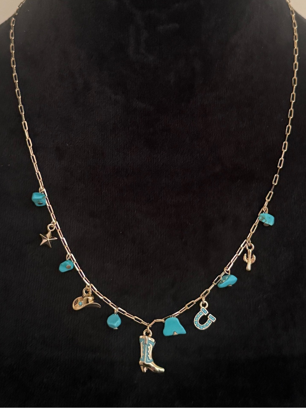 Gold Tone Turquoise Charm Necklace  Women Western Jewelry